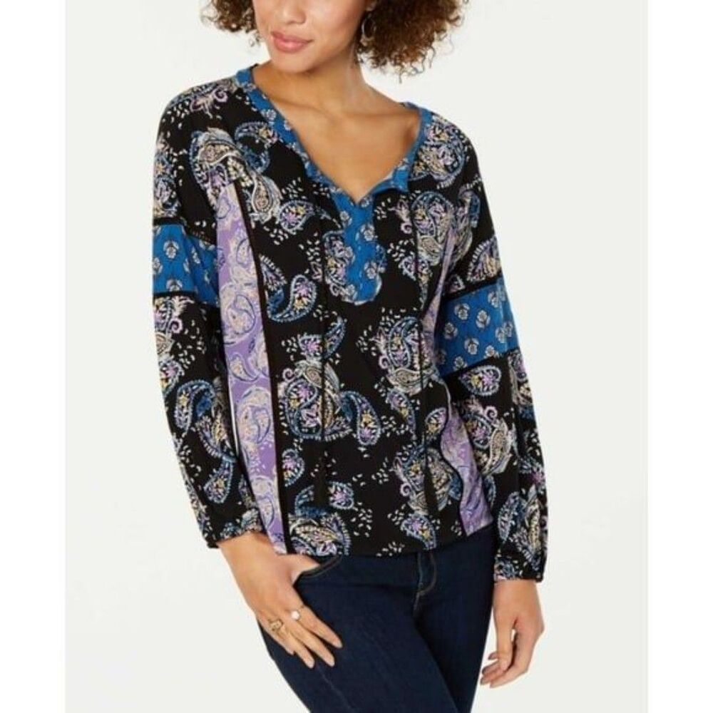 Style & Co Black Paisley Long Sleeve Split Neck Blouse Plus Size 1X NWT